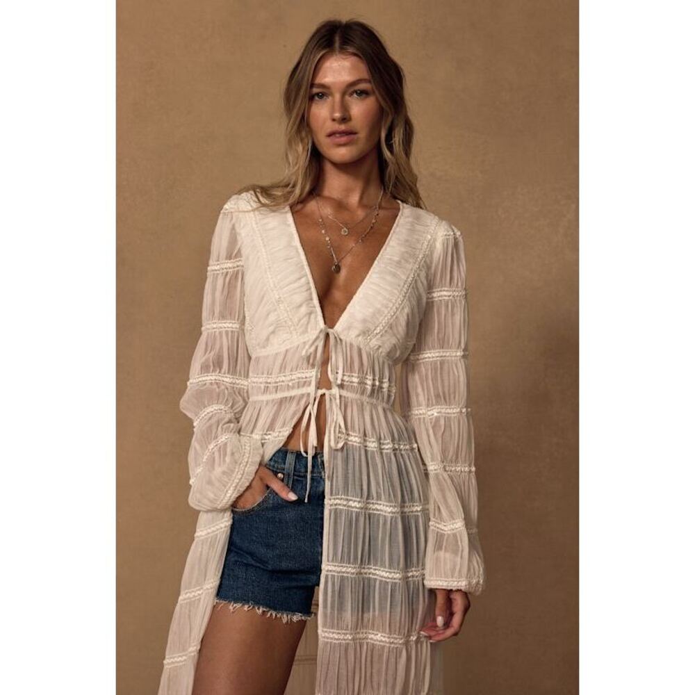 Lulus April Ivory Sheer Long Sleeve Tie-front Duster Top White - Size S